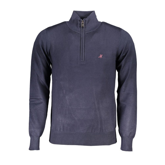 Elegant Half-Zip Blue Sweater with Embroidered Logo