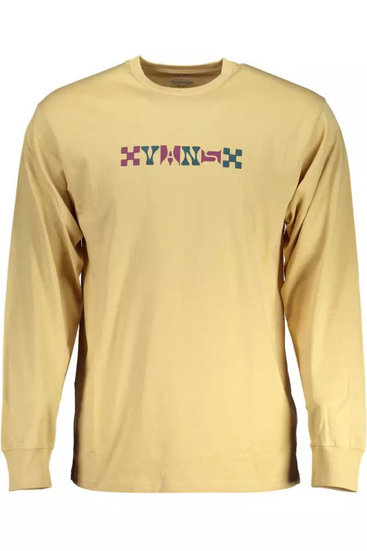 Beige Long Sleeve Cotton Tee with Logo Print
