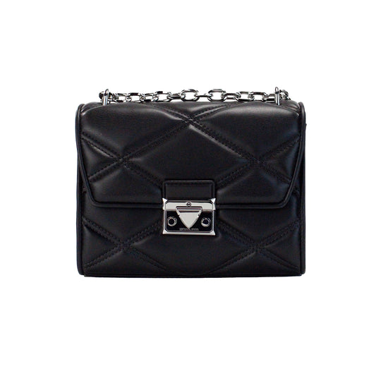 Serena Medium Black Diamond Quilted Faux Leather Flap Shoulder Bag