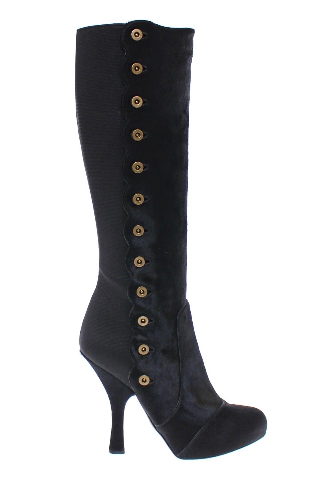 Black Fur Leather Baroque Heel Boots Shoes