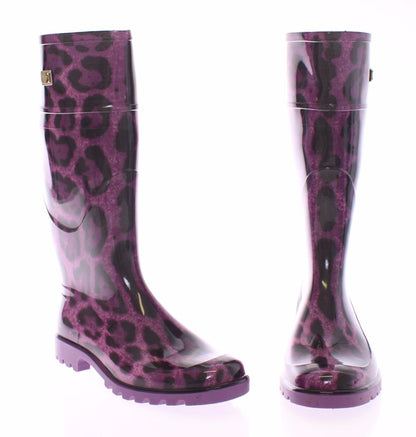 Purple Leopard Rubber Rain Boots Shoes Stivali