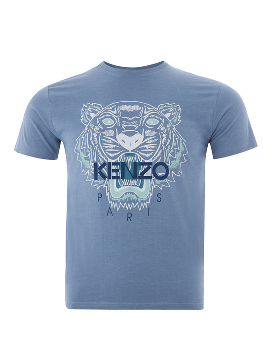 Blue Cotton T-Shirt with Tiger Print and Front Logo