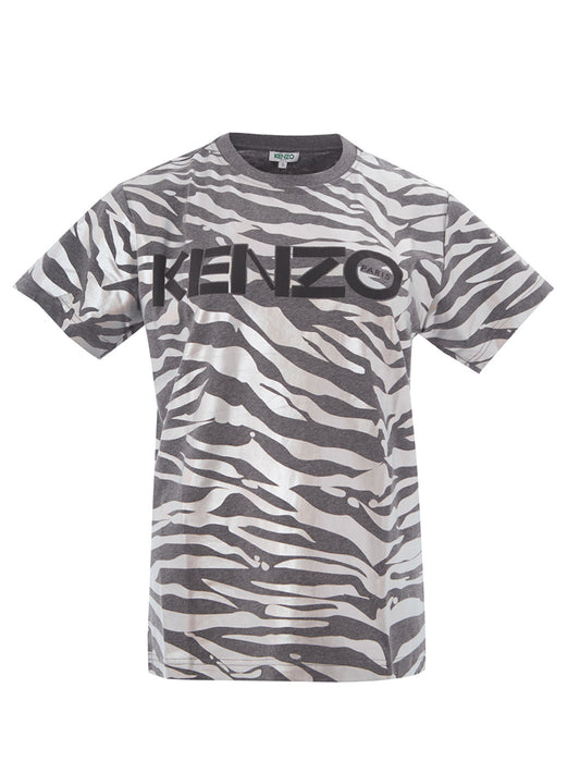 Grey Cotton T-Shirt With Metal Animalier Print Allover