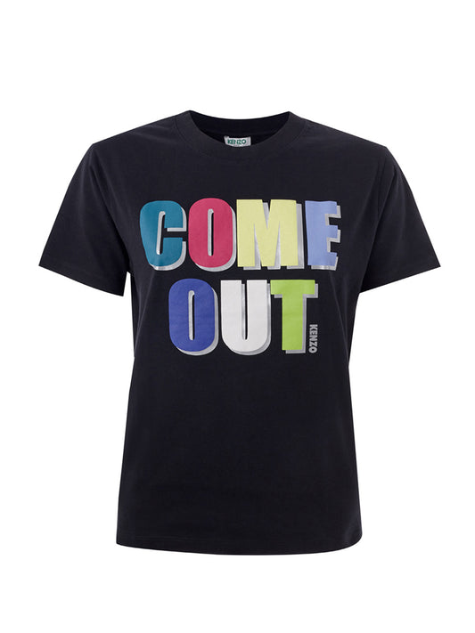 Black Cotton T-Shirt with Multicolor Come Out Print