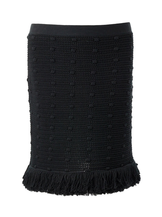 Elegant Black Cotton Skirt with Pompom Details