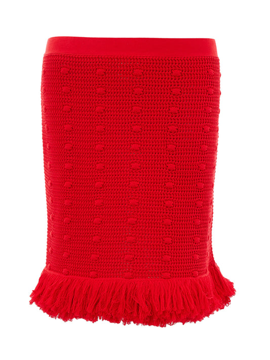 Elegant Red Pompom Detail Pencil Skirt