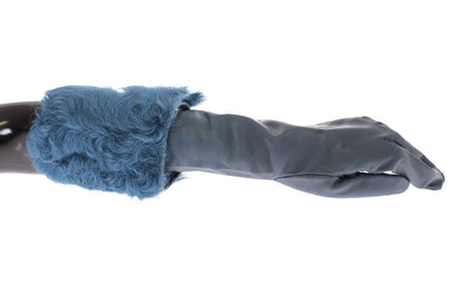 Blue Lambskin Leather Fur Logo Wrist Gloves