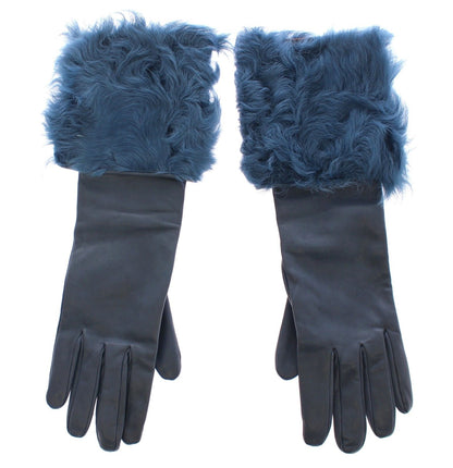 Blue Lambskin Leather Fur Logo Wrist Gloves