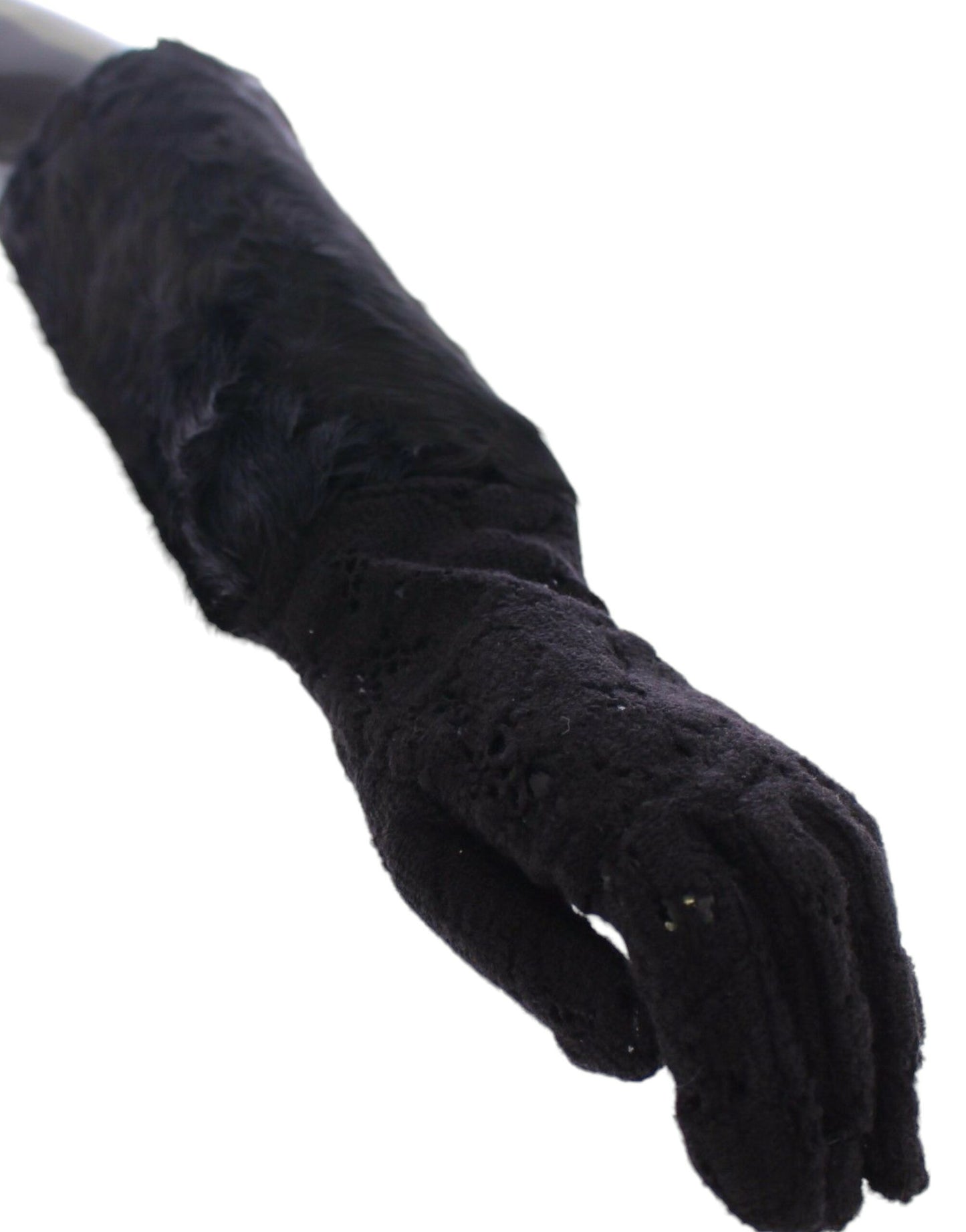 Black Wool Lace & Lamb Fur Elbow Gloves