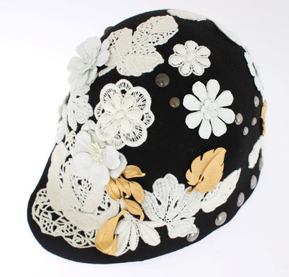 Elegant Black Floral Wool Cloche Hat