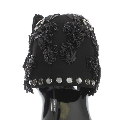 Elegant Black Crystal-Adorned Cloche Hat