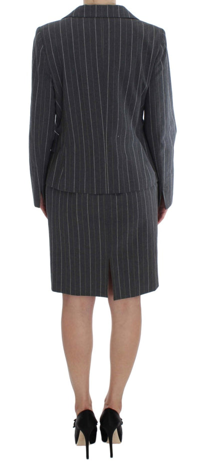 Elegant Gray Striped Dress & Blazer Suit Set