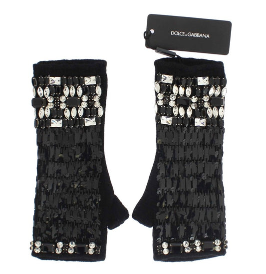 Black Cashmere Crystal Finger Less Gloves