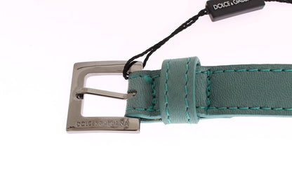 Green Leather Silver Buckle Logo Belt
