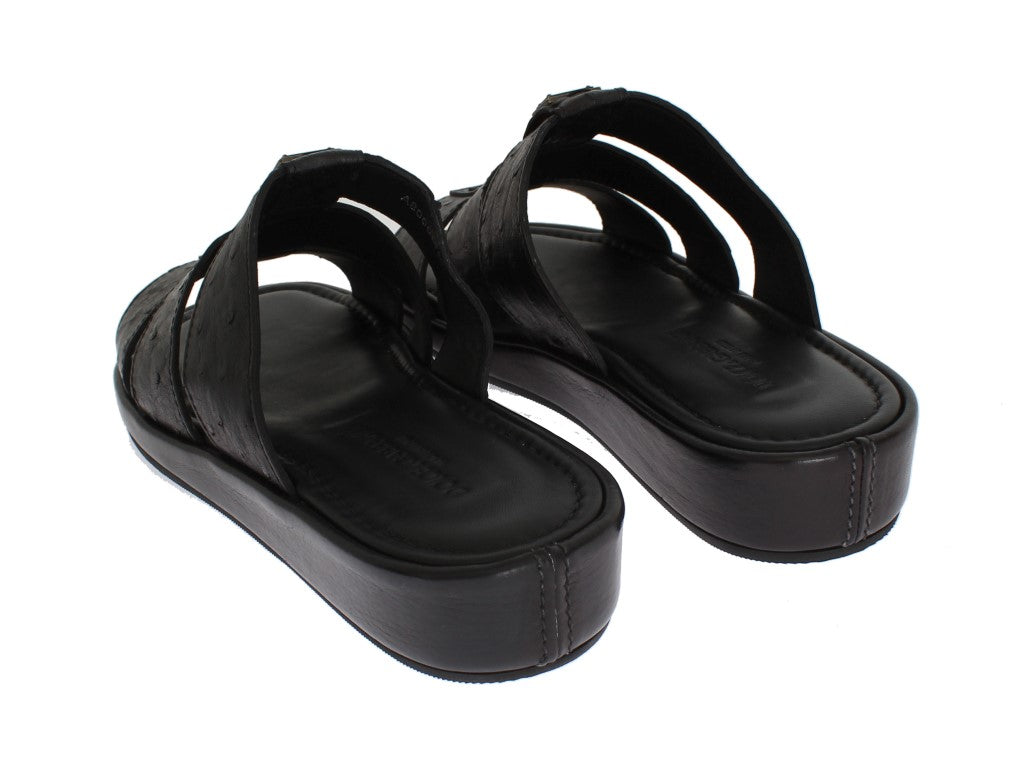 Black Ostrich Leather Slides Sandals