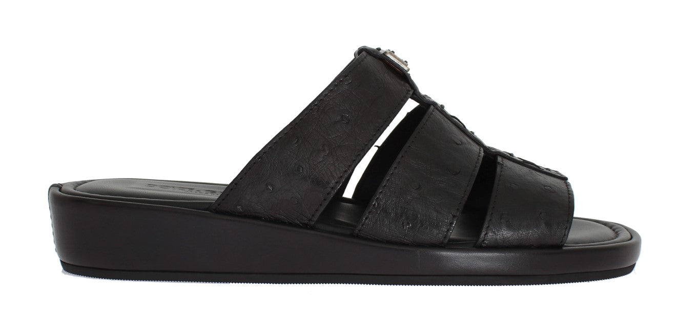 Black Ostrich Leather Slides Sandals