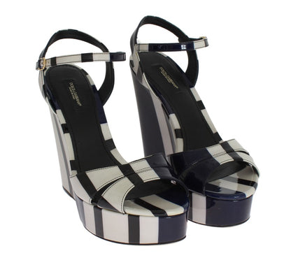 Black White Striped Leather Wedges Sandals