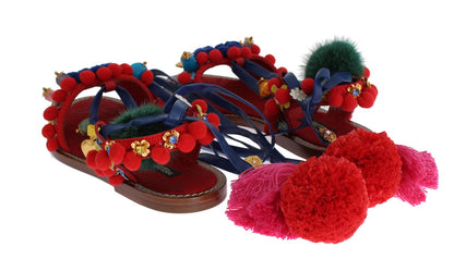 Pom Pom Leather Crystal Sandals