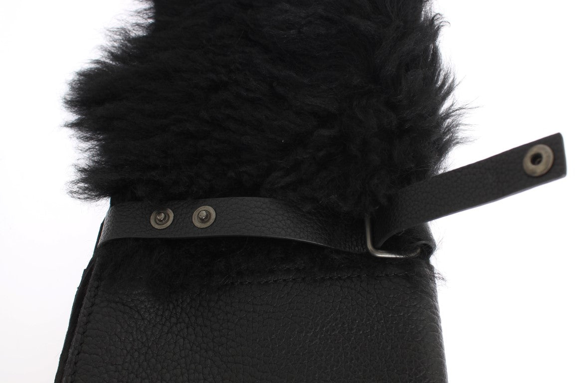 Black Leather Sheepskin Shearling Fur Gloves