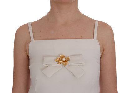 Elegant White Wool Shift Dress with Gold Brooch