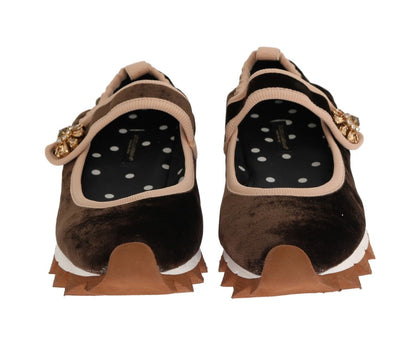 Brown Velvet Crystal Strap Ballerina Shoes