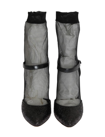 Black Leather Socks Glitter Pumps