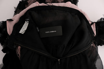 Black Pink Silk Applique Shift Dress