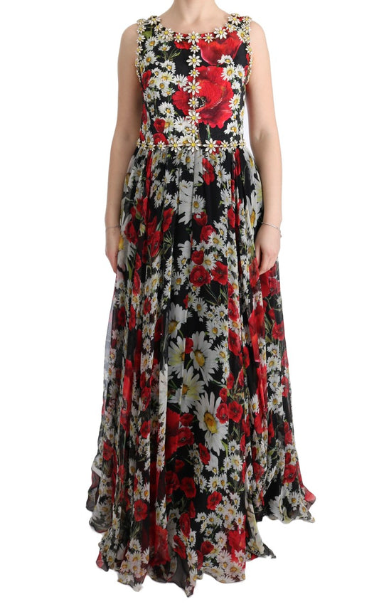 Floral Maxi Gown with Sunflower Print and Crystals
