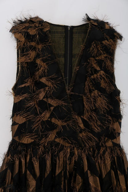 Black Silk Brown Fringes A-Line Dress