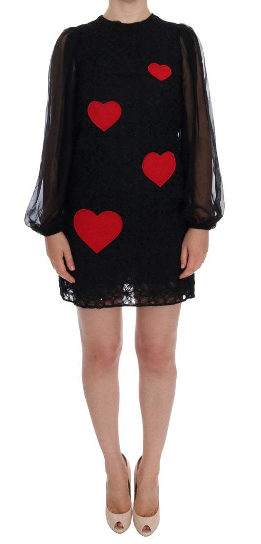 Elegant Black Lace Heart Applique Shift Dress