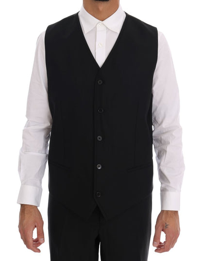 Elegant Black Wool Three-Piece Suit