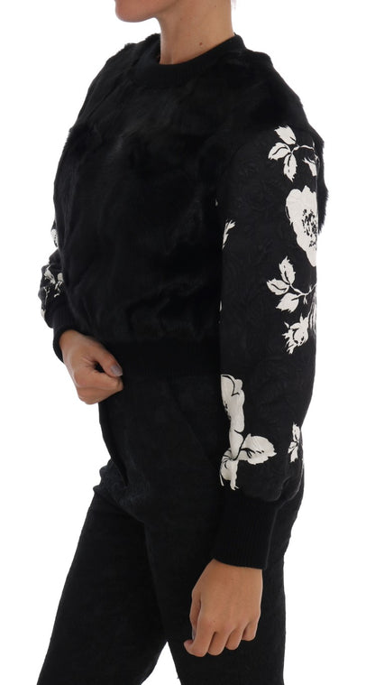 Floral Brocade Black Fur Sweater