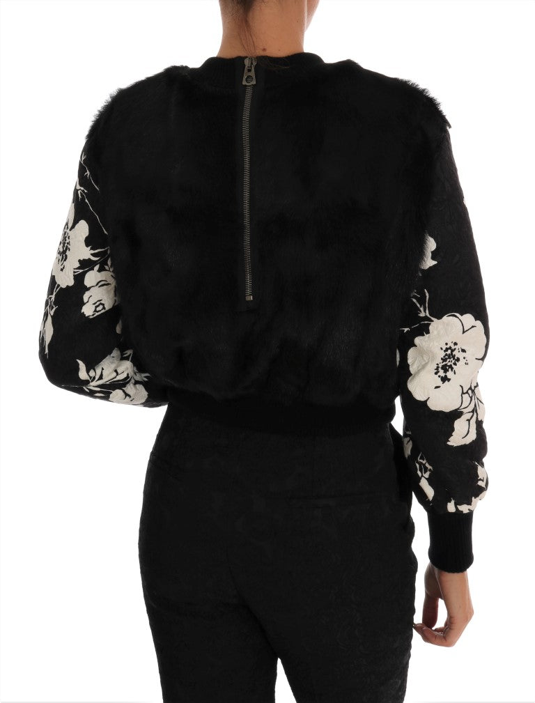 Floral Brocade Black Fur Sweater