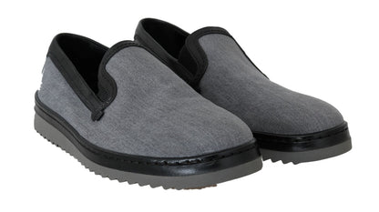 Gray Black Cotton Leather Loafers