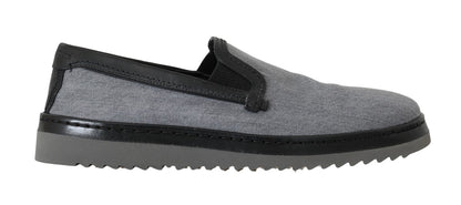 Gray Black Cotton Leather Loafers