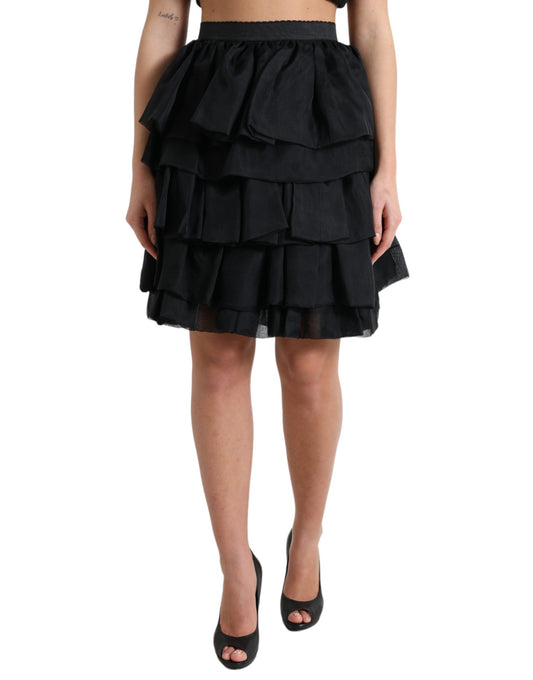 Black Tiered Aline High Waist Silk Mini Skirt