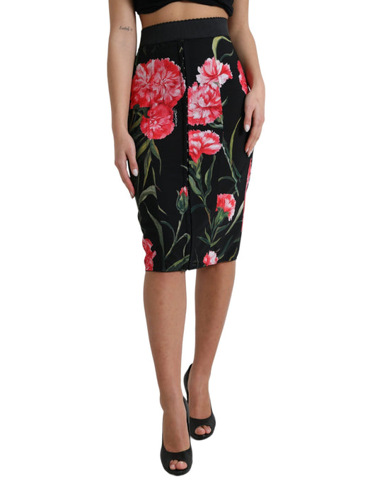 Black Carnation Pencil Cut Knee Length Skirt
