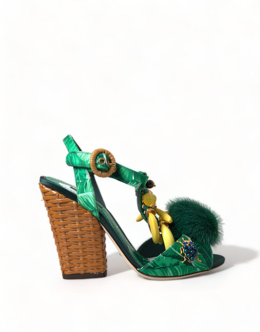Green Banana Leaf Embellished T-Strap Sandals Shoes