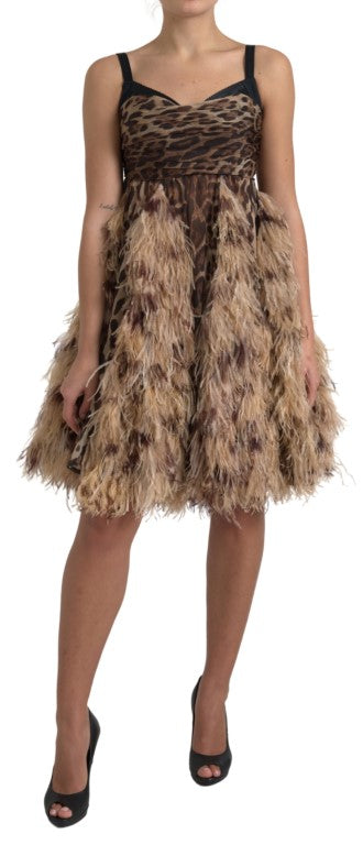 Sleeveless Leopard Chiffon Ostrich-Feather Dress