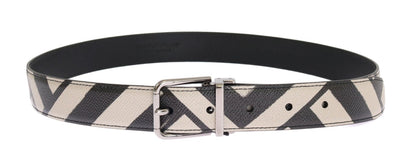 Black White Striped Leather Belt