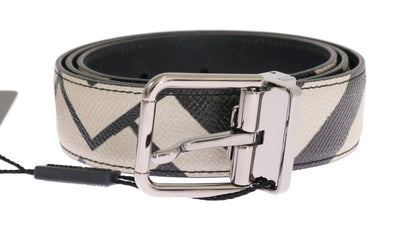 Black White Striped Leather Belt