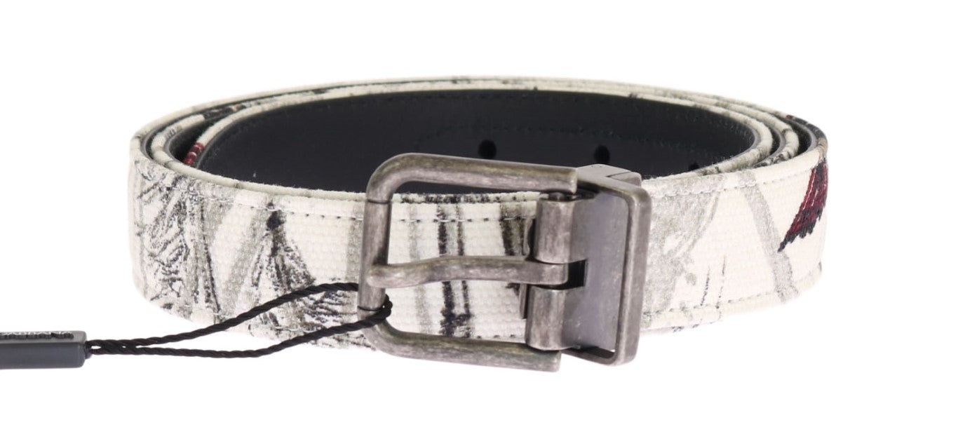 White Denim Bird Print Leather Belt