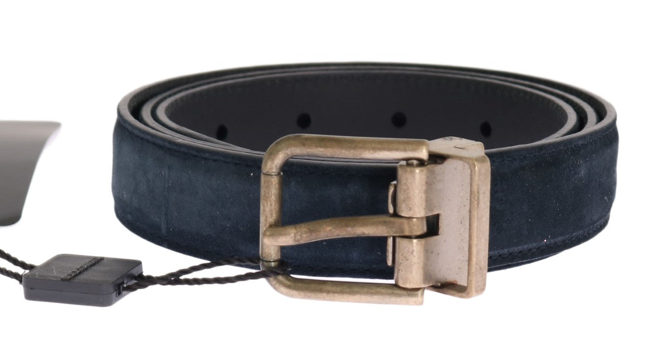 Blue Leather Gold Brushed Buckle Belt