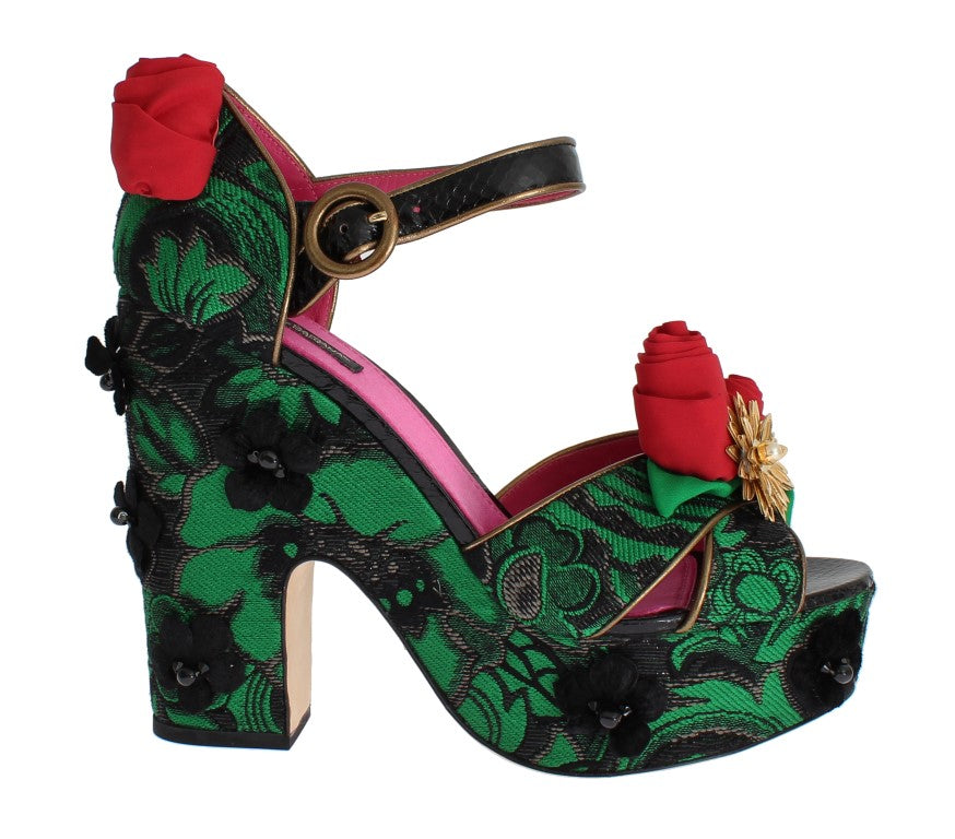 Green Brocade Snakeskin Roses Crystal Shoes