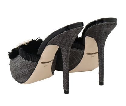Black Straw Open Toes Crystal Sandals