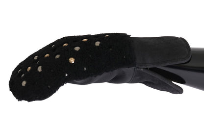 Black Leather Shearling Studded Gloves