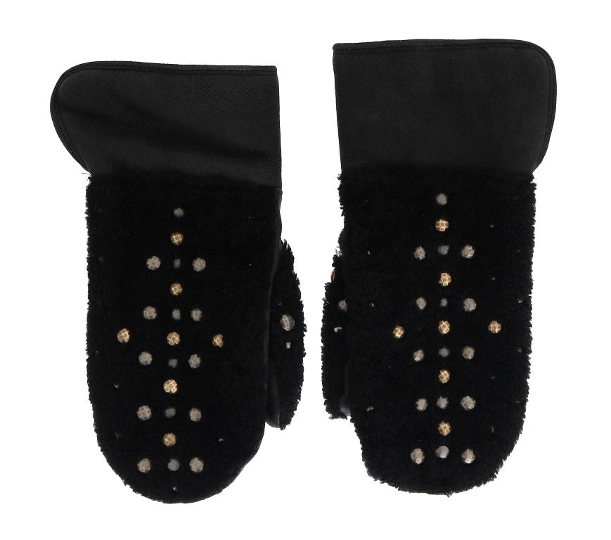 Black Leather Shearling Studded Gloves