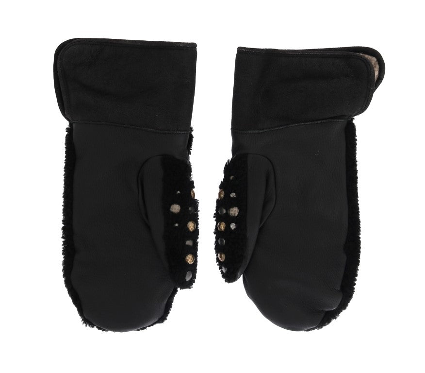 Black Leather Shearling Studded Gloves