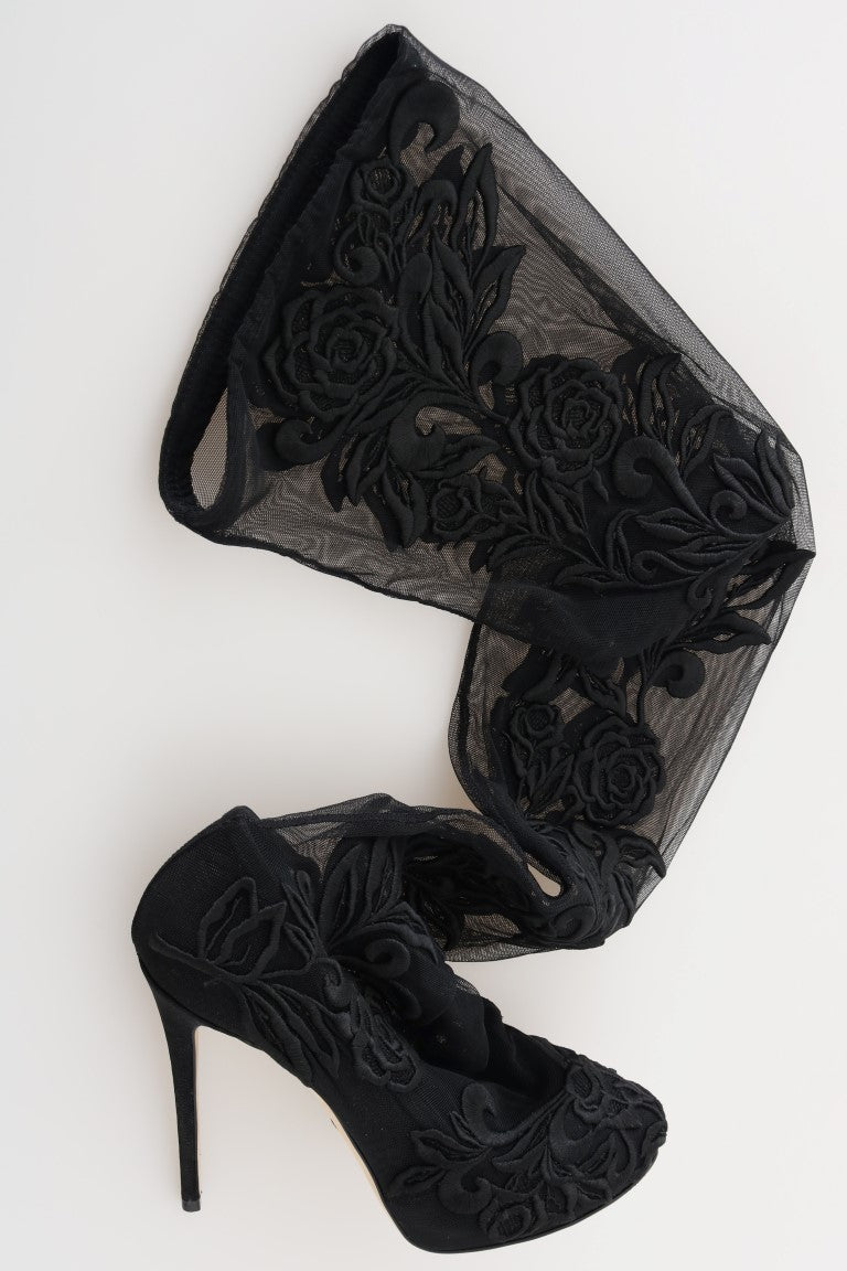 Black Floral Embroidered Socks Boots