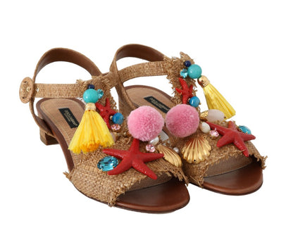 Multicolor Pom Pom Crystal Sea Straw Sandals